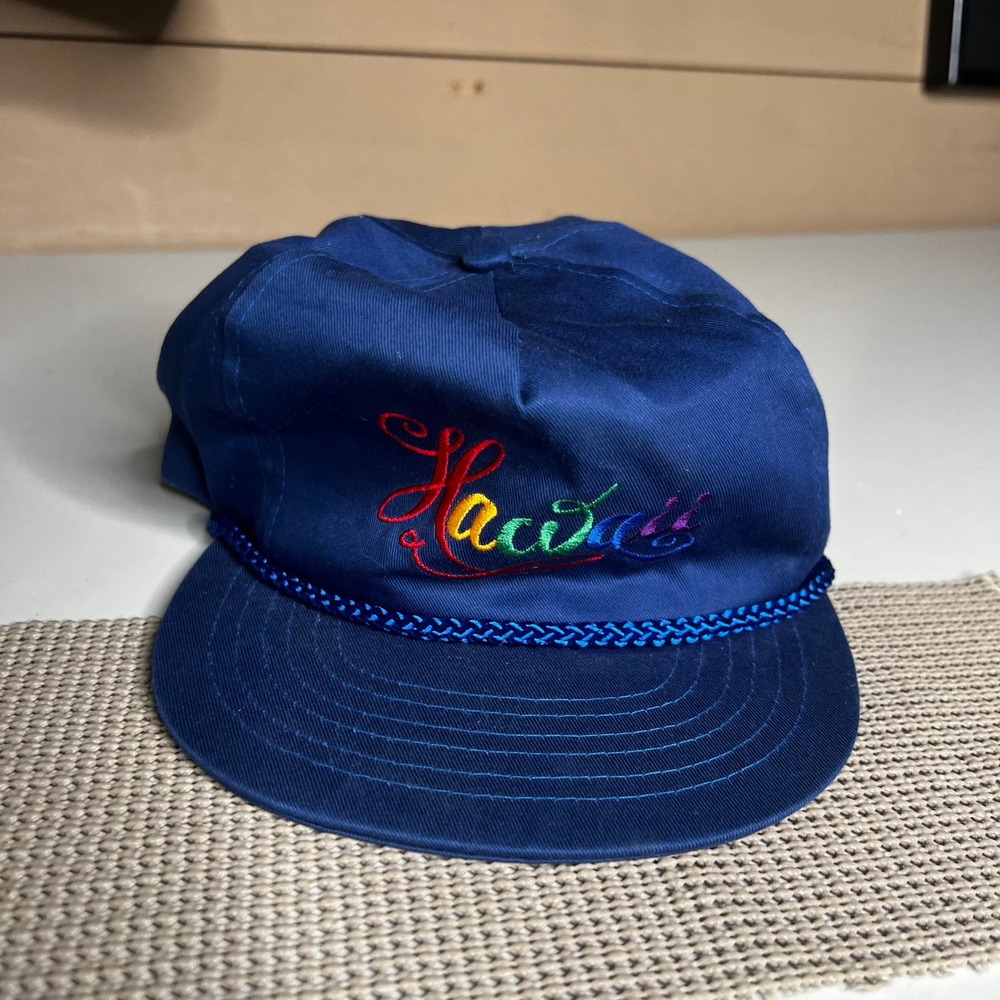 Vintage Hawaii Rope Hat Blue Rainbow Script Embroidered Souvenir Cap Adjustable